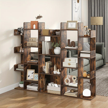 Boekenkast – Boekenrek – Vakkenkast – Opbergkast – Wandkast – Boomvormig Design – 13 Open Vakken – Vintage Bruin – 86x24,5x141 cm – Stevige MDF Constructie