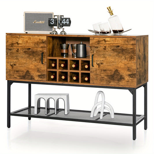Buffetkast – Dressoir – Sideboard – Vitrinekast – Gangtafel – Industrieel – Rustic Bruin – Wijnrek Voor 8 Flessen – Stevig MDF Metalen Frame