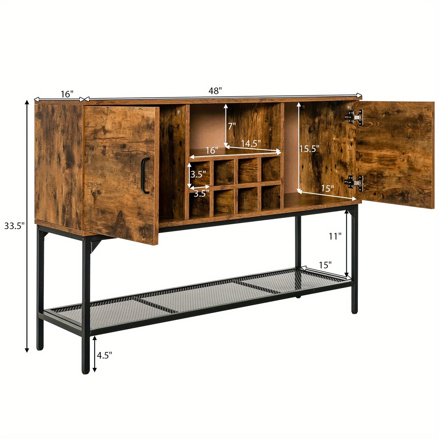 Buffetkast – Dressoir – Sideboard – Vitrinekast – Gangtafel – Industrieel – Rustic Bruin – Wijnrek Voor 8 Flessen – Stevig MDF Metalen Frame