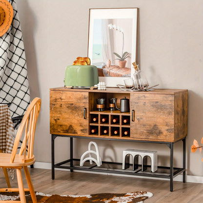 Buffetkast – Dressoir – Sideboard – Vitrinekast – Gangtafel – Industrieel – Rustic Bruin – Wijnrek Voor 8 Flessen – Stevig MDF Metalen Frame