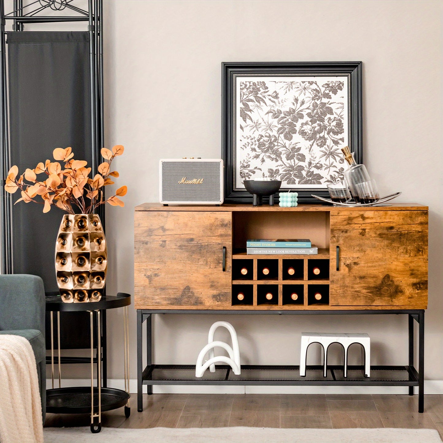 Buffetkast – Dressoir – Sideboard – Vitrinekast – Gangtafel – Industrieel – Rustic Bruin – Wijnrek Voor 8 Flessen – Stevig MDF Metalen Frame