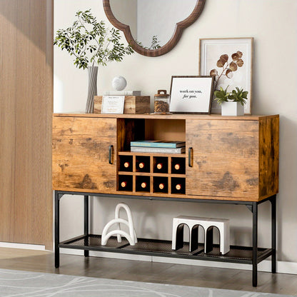 Buffetkast – Dressoir – Sideboard – Vitrinekast – Gangtafel – Industrieel – Rustic Bruin – Wijnrek Voor 8 Flessen – Stevig MDF Metalen Frame