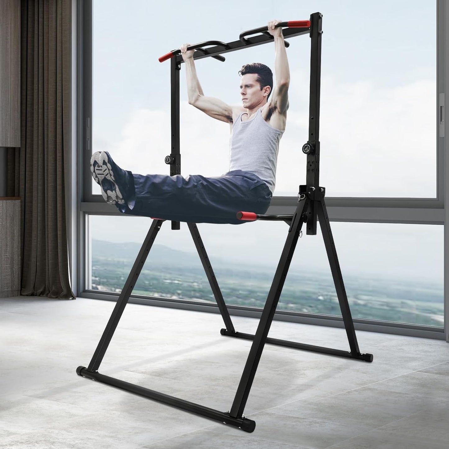 Multifunctionele Optrekstang – Pull-up Bar – Klimrek – Fitnessstang – Krachtstation – Verstelbare Hoogte – Driepoot Driehoekige Steun – Roestvrij Staal – Zwart