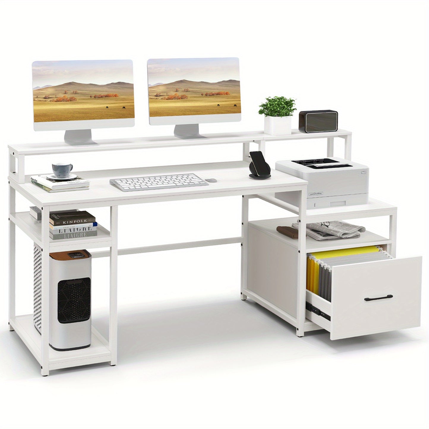 Computerbureau – Bureau – Werktafel – Bureau met Lade – Bureau met Printerkast – 168 cm Breed – Modern Wit MDF Met Monitorstandaard