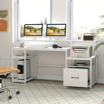 Computerbureau – Bureau – Werktafel – Bureau met Lade – Bureau met Printerkast – 168 cm Breed – Modern Wit MDF Met Monitorstandaard