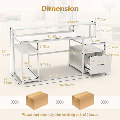 Computerbureau – Bureau – Werktafel – Bureau met Lade – Bureau met Printerkast – 168 cm Breed – Modern Wit MDF Met Monitorstandaard