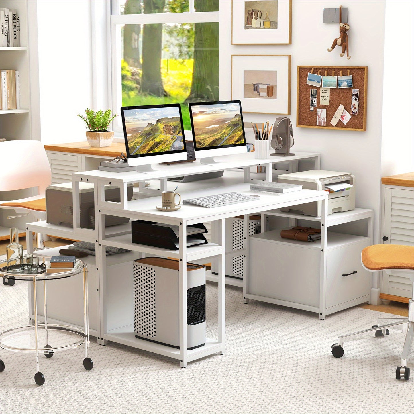 Computerbureau – Bureau – Werktafel – Bureau met Lade – Bureau met Printerkast – 168 cm Breed – Modern Wit MDF Met Monitorstandaard