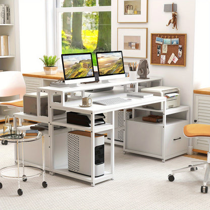 Computerbureau – Bureau – Werktafel – Bureau met Lade – Bureau met Printerkast – 168 cm Breed – Modern Wit MDF Met Monitorstandaard
