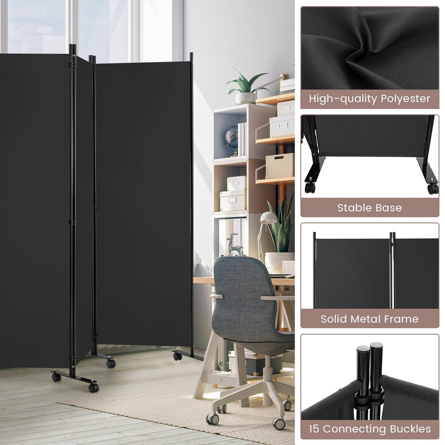 6-Panel Vouwdeeltafel – Kamerscherm – Ruimteverdeler – Scheidingswand – Privacy Scherm – Met Wieltjes Met Rem – 172 cm Hoog – Grijs