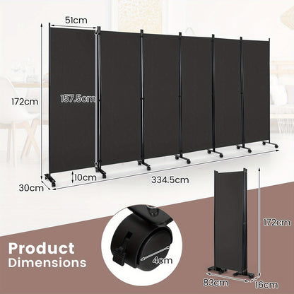 6-Panel Vouwdeeltafel – Kamerscherm – Ruimteverdeler – Scheidingswand – Privacy Scherm – Met Wieltjes Met Rem – 172 cm Hoog – Grijs