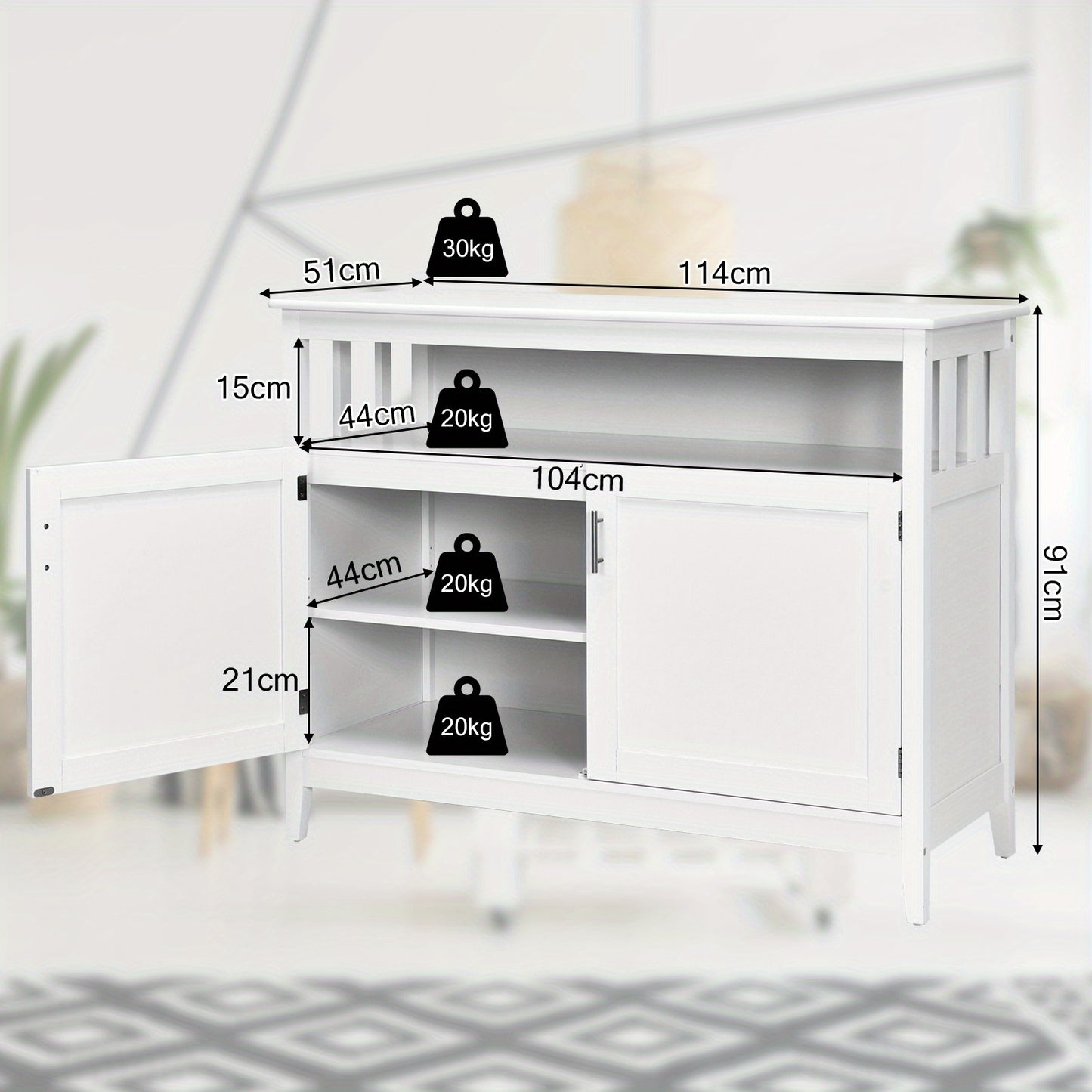 Dressoir – Opbergkast – Buffetkast – TV-meubel – Kast – Modern design – Verstelbare plank – MDF met grenen poten – 114x51x91 cm – Wit