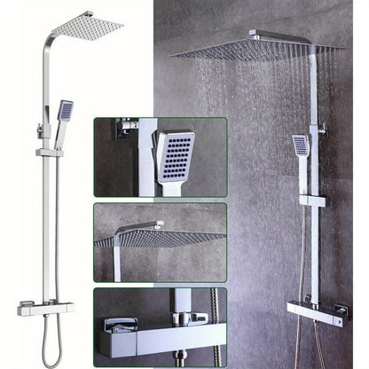 Thermostaat Douchesysteem – Regendouche – Douchekop – Douchekolom – Handdouche – Wandmontage – Verstelbare Stang 82-122 cm – Roestvrij Staal & Chroom