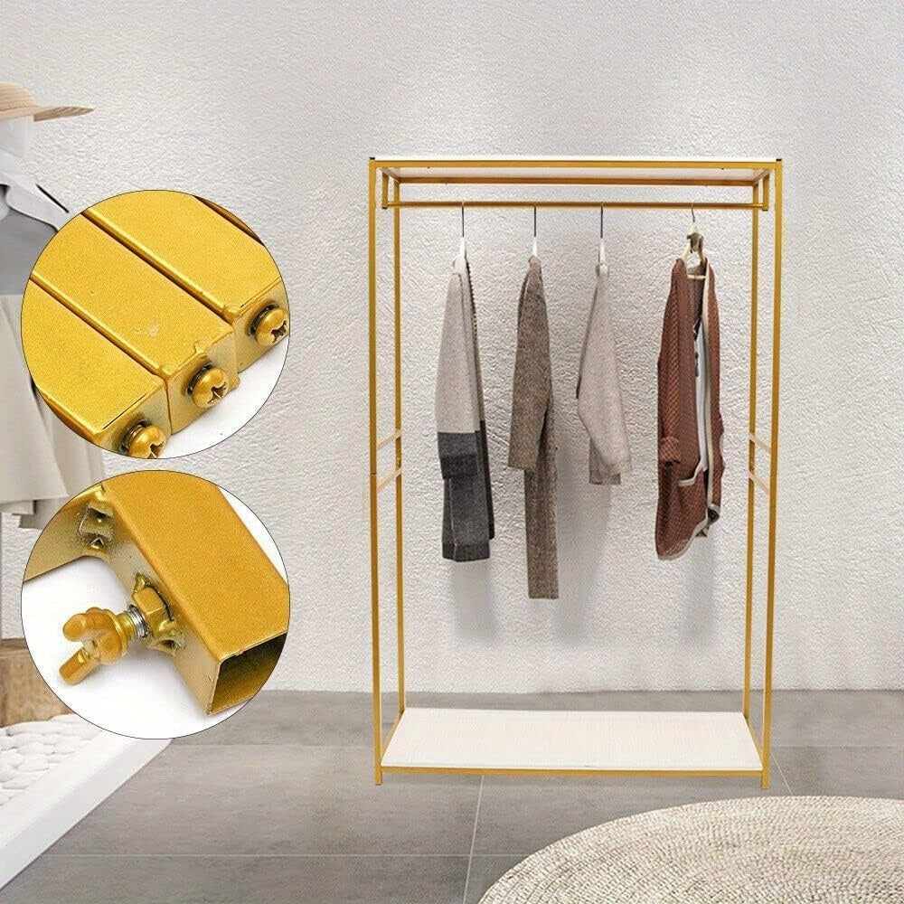 Kledingrek – Stelling – Kledingstandaard – Garderoberek – Rek Voor Bruidsjurken – Vrijstaand Metaal Met Houten Planken – Hoogte 190 cm – Goudkleurig & Stevig