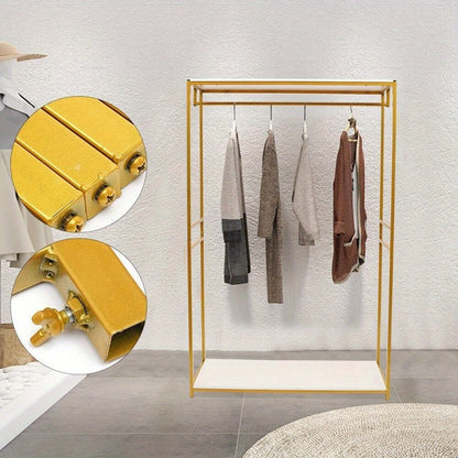 Kledingrek – Stelling – Kledingstandaard – Garderoberek – Rek Voor Bruidsjurken – Vrijstaand Metaal Met Houten Planken – Hoogte 190 cm – Goudkleurig & Stevig