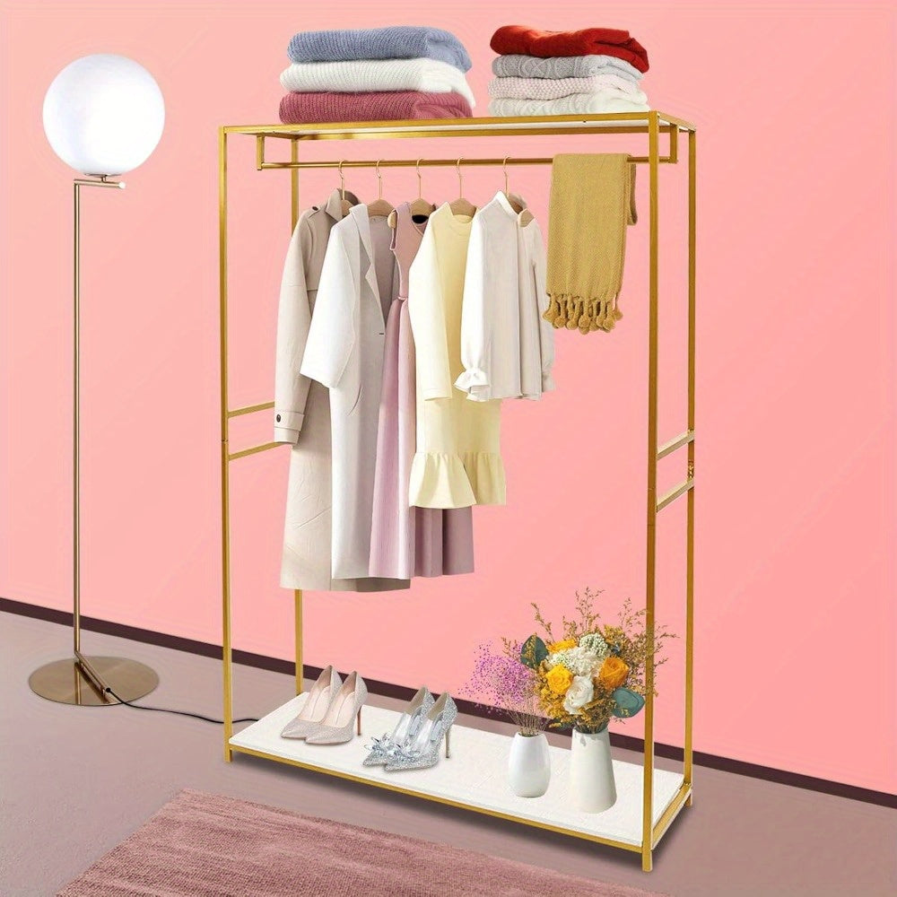 Kledingrek – Stelling – Kledingstandaard – Garderoberek – Rek Voor Bruidsjurken – Vrijstaand Metaal Met Houten Planken – Hoogte 190 cm – Goudkleurig & Stevig