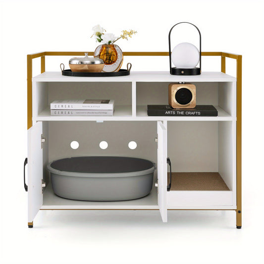 Cat cabinet litter box with double doors & scratching pad, cat house with open shelf & 2 compartments, cat cave litter box cabinet, for cats dogs pet (white)