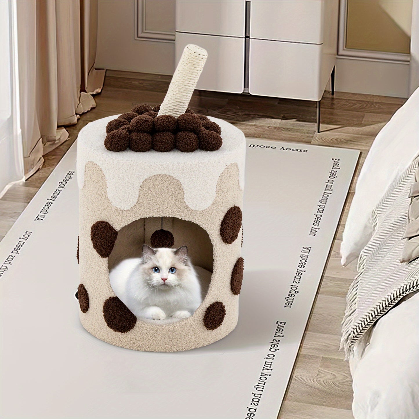 Kattenhuisje – Krabpaal – Kattenmeubel – Kattenhut – Krabmeubel – Melkthee Design – 360° Draaibare Sisal Krabpaal – Wasbaar Kussen – Koffie Kleur 37x37x67 cm