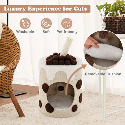 Kattenhuisje – Krabpaal – Kattenmeubel – Kattenhut – Krabmeubel – Melkthee Design – 360° Draaibare Sisal Krabpaal – Wasbaar Kussen – Koffie Kleur 37x37x67 cm