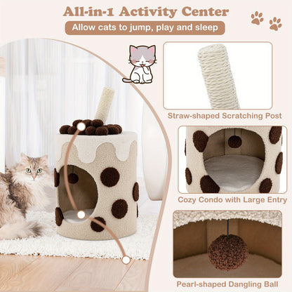 Kattenhuisje – Krabpaal – Kattenmeubel – Kattenhut – Krabmeubel – Melkthee Design – 360° Draaibare Sisal Krabpaal – Wasbaar Kussen – Koffie Kleur 37x37x67 cm