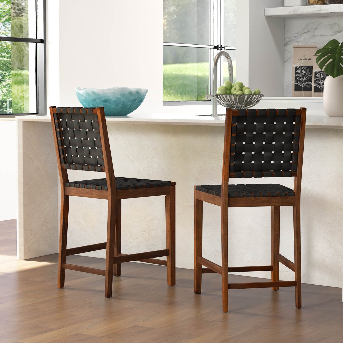 Barstoel – Barkruk – Keukenstoel – Barkruk – Barkrukken Set Van 2 – Kunstleer Bekleding – Acaciahouten Frame – Zithoogte Ca. 61 cm