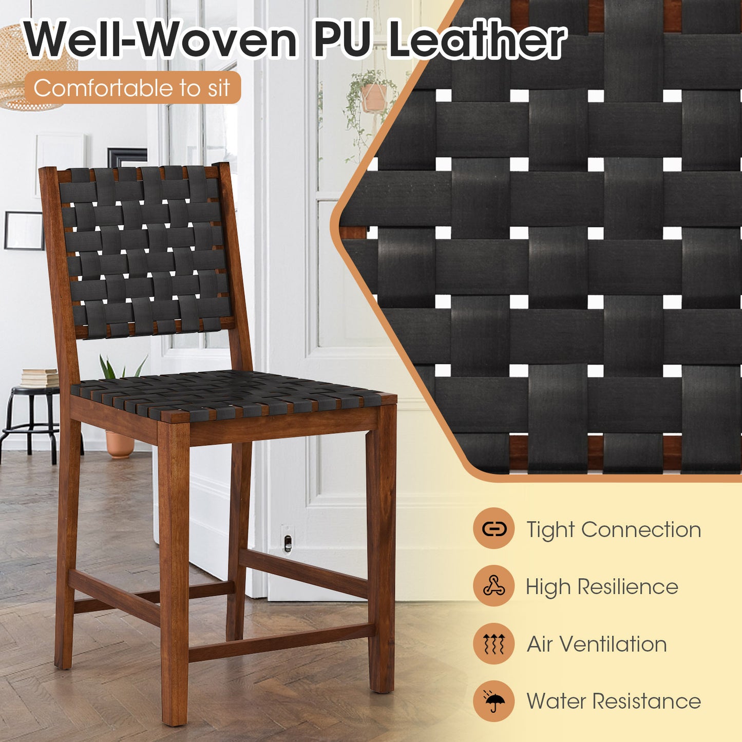 Barstoel – Barkruk – Keukenstoel – Barkruk – Barkrukken Set Van 2 – Kunstleer Bekleding – Acaciahouten Frame – Zithoogte Ca. 61 cm