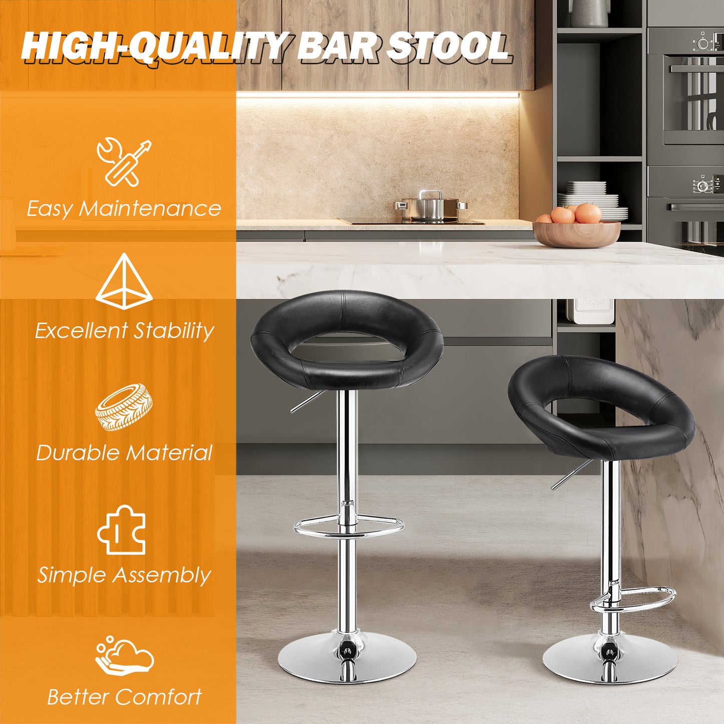 Barstoel – Barkruk – Barstoelset – Barkrukken – Barstoelen – Verstelbaar – 360° Draaibaar – Kunstleren Zitting – Metalen Voetsteun – Zwarte Antislip Basis – Set Van 2