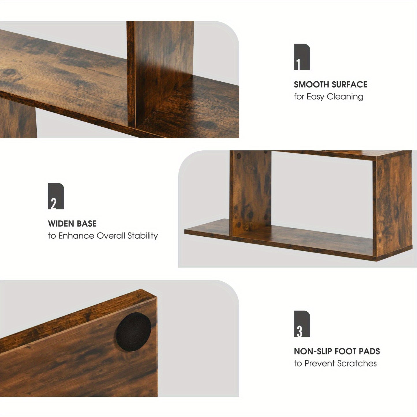 S-vormige Boekenkast – Boekenplank – Displayrek – Opbergkast – Z-vormige Plank – 6 Lagen – MDF Hout – Stevige Anti-Kantel Veiligheid – Koffiebruine Kleur