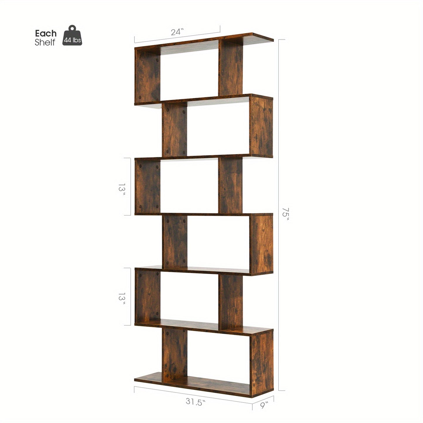 S-vormige Boekenkast – Boekenplank – Displayrek – Opbergkast – Z-vormige Plank – 6 Lagen – MDF Hout – Stevige Anti-Kantel Veiligheid – Koffiebruine Kleur
