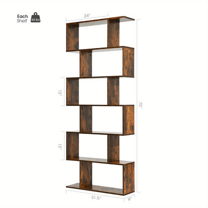 S-vormige Boekenkast – Boekenplank – Displayrek – Opbergkast – Z-vormige Plank – 6 Lagen – MDF Hout – Stevige Anti-Kantel Veiligheid – Koffiebruine Kleur