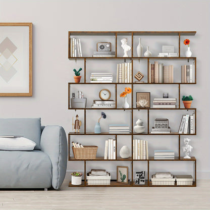 S-vormige Boekenkast – Boekenplank – Displayrek – Opbergkast – Z-vormige Plank – 6 Lagen – MDF Hout – Stevige Anti-Kantel Veiligheid – Koffiebruine Kleur