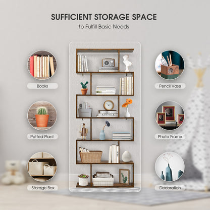 S-vormige Boekenkast – Boekenplank – Displayrek – Opbergkast – Z-vormige Plank – 6 Lagen – MDF Hout – Stevige Anti-Kantel Veiligheid – Koffiebruine Kleur