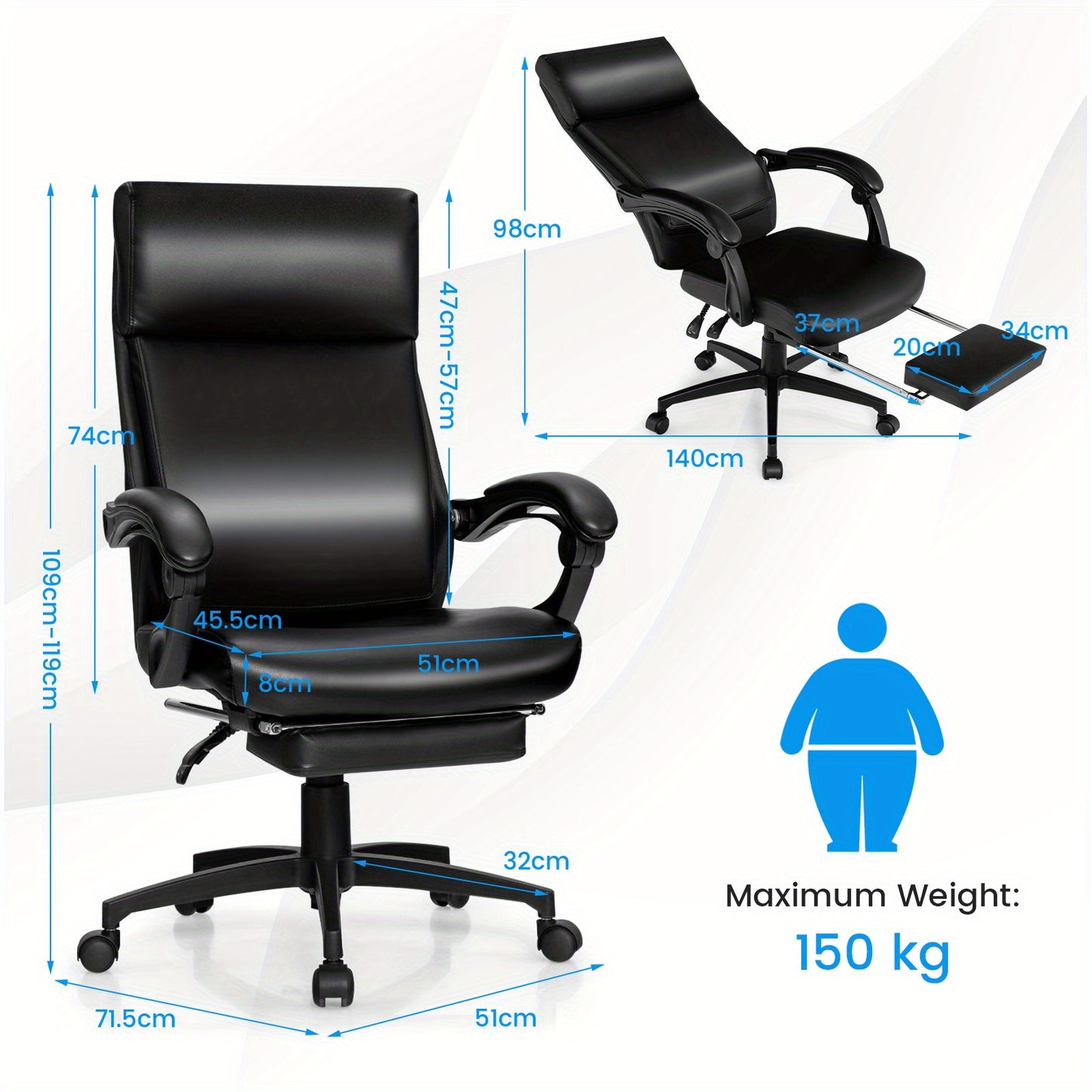 Ergonomische Bureaustoel – Directiemeubel – Kantinestoel – Werkstoel – Comfortstoel – Inklapbare Voetensteun – Verstelbare Rugleuning – Zwart