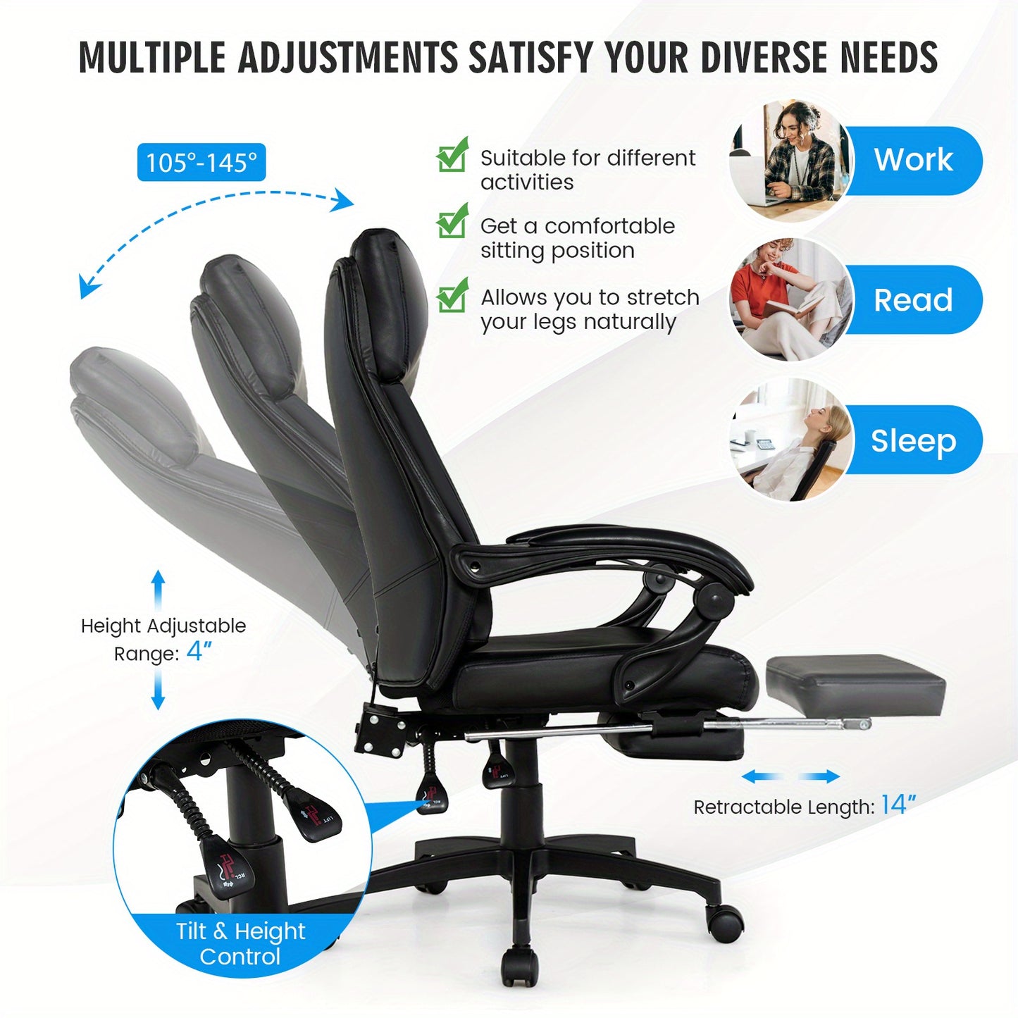 Ergonomische Bureaustoel – Directiemeubel – Kantinestoel – Werkstoel – Comfortstoel – Inklapbare Voetensteun – Verstelbare Rugleuning – Zwart