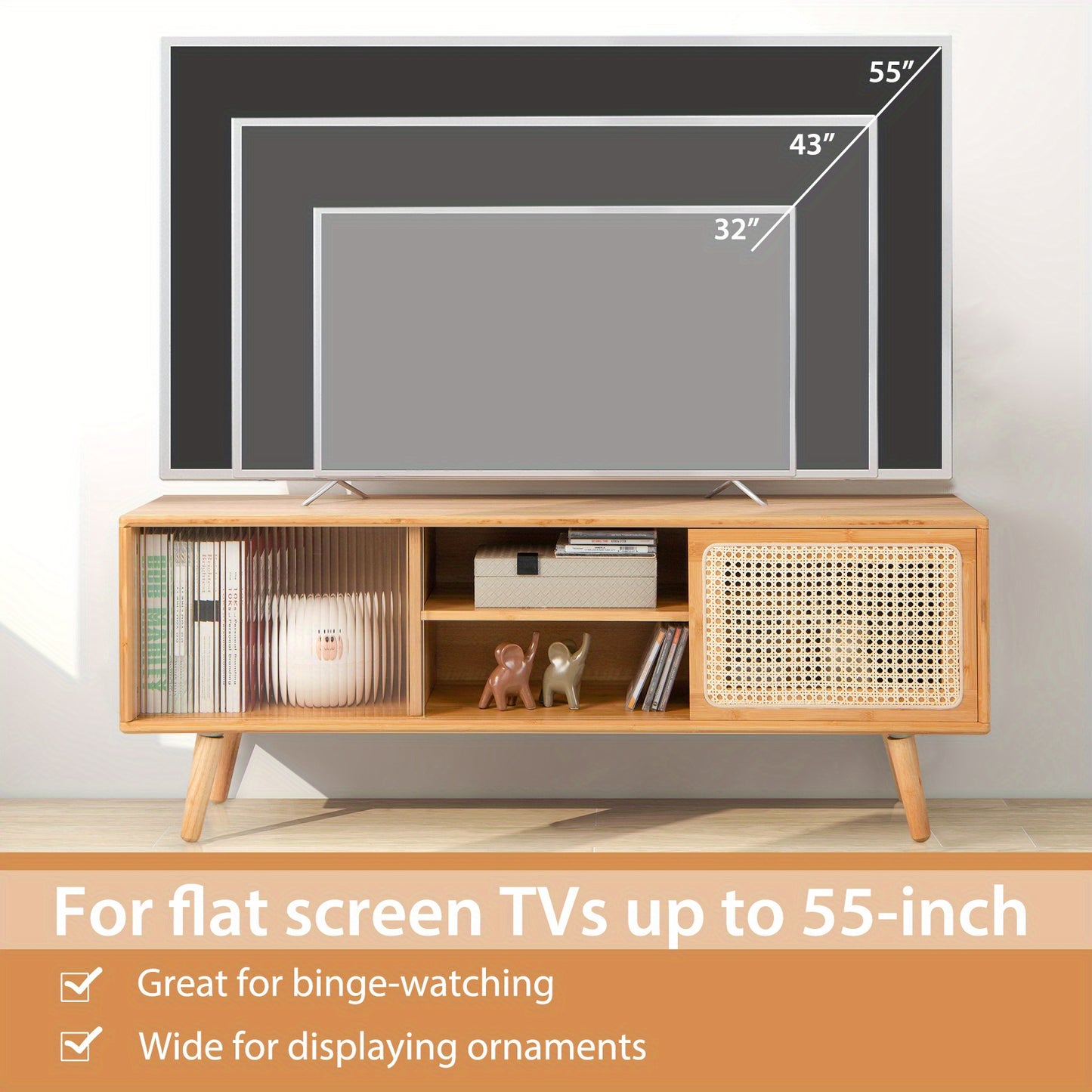 TV Meubel – Tv Kast – Media Meubel – TV Dressoir – Tv Stand – Voor 55 Inch TV – Rattan Panelen & Schuifdeuren – Houtlook – Draagvermogen 99,79 KG