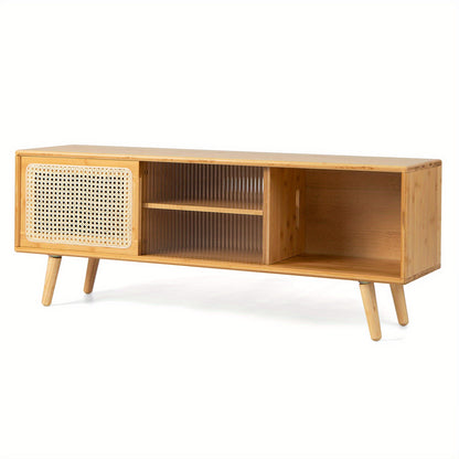 TV Meubel – Tv Kast – Media Meubel – TV Dressoir – Tv Stand – Voor 55 Inch TV – Rattan Panelen & Schuifdeuren – Houtlook – Draagvermogen 99,79 KG