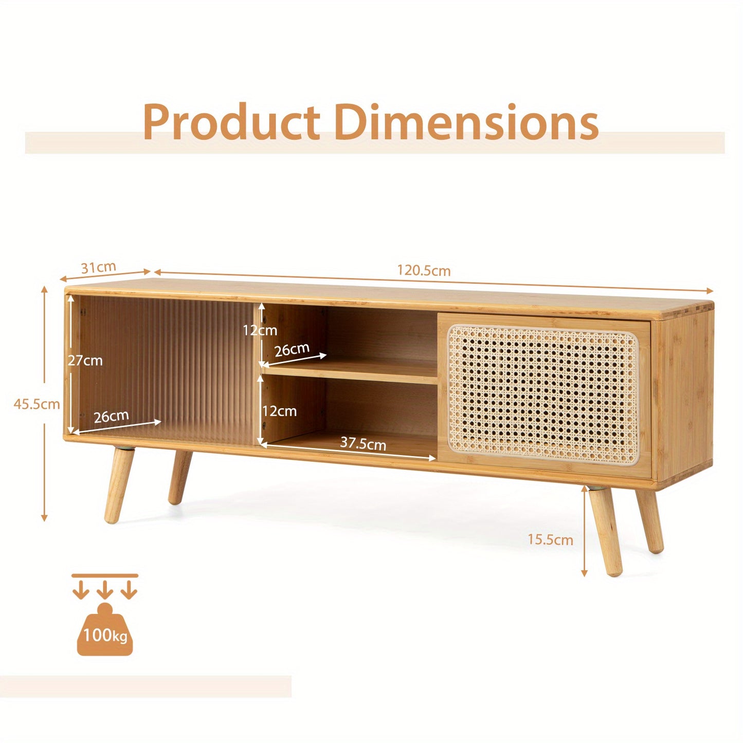 TV Meubel – Tv Kast – Media Meubel – TV Dressoir – Tv Stand – Voor 55 Inch TV – Rattan Panelen & Schuifdeuren – Houtlook – Draagvermogen 99,79 KG