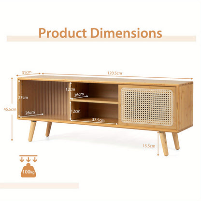 TV Meubel – Tv Kast – Media Meubel – TV Dressoir – Tv Stand – Voor 55 Inch TV – Rattan Panelen & Schuifdeuren – Houtlook – Draagvermogen 99,79 KG