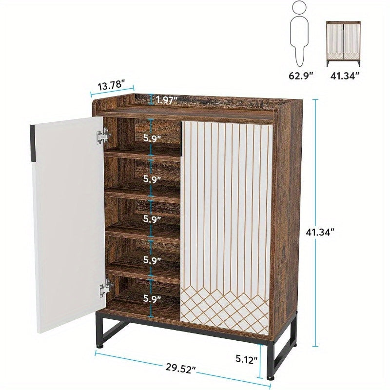 Schoenenkast – Schoenenrek – Schoenopberger – Schoenenkastje – Schoenmeubel – 5 Schappen – Zwart Metalen Frame – Wit Donkerbruin Hout – Ruim Opbergvak – Vrijstaand