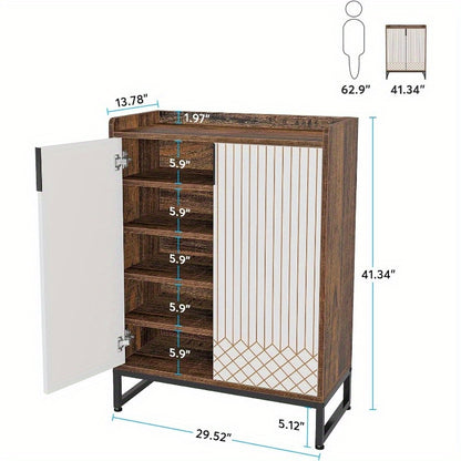 Schoenenkast – Schoenenrek – Schoenopberger – Schoenenkastje – Schoenmeubel – 5 Schappen – Zwart Metalen Frame – Wit Donkerbruin Hout – Ruim Opbergvak – Vrijstaand