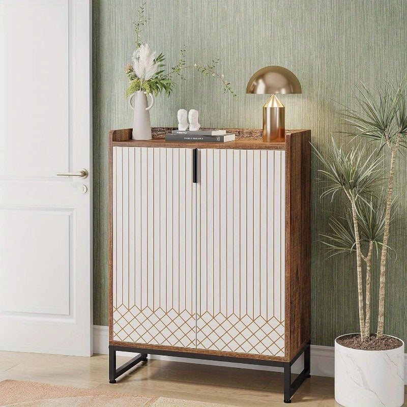 Schoenenkast – Schoenenrek – Schoenopberger – Schoenenkastje – Schoenmeubel – 5 Schappen – Zwart Metalen Frame – Wit Donkerbruin Hout – Ruim Opbergvak – Vrijstaand