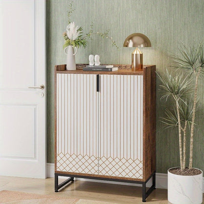 Schoenenkast – Schoenenrek – Schoenopberger – Schoenenkastje – Schoenmeubel – 5 Schappen – Zwart Metalen Frame – Wit Donkerbruin Hout – Ruim Opbergvak – Vrijstaand