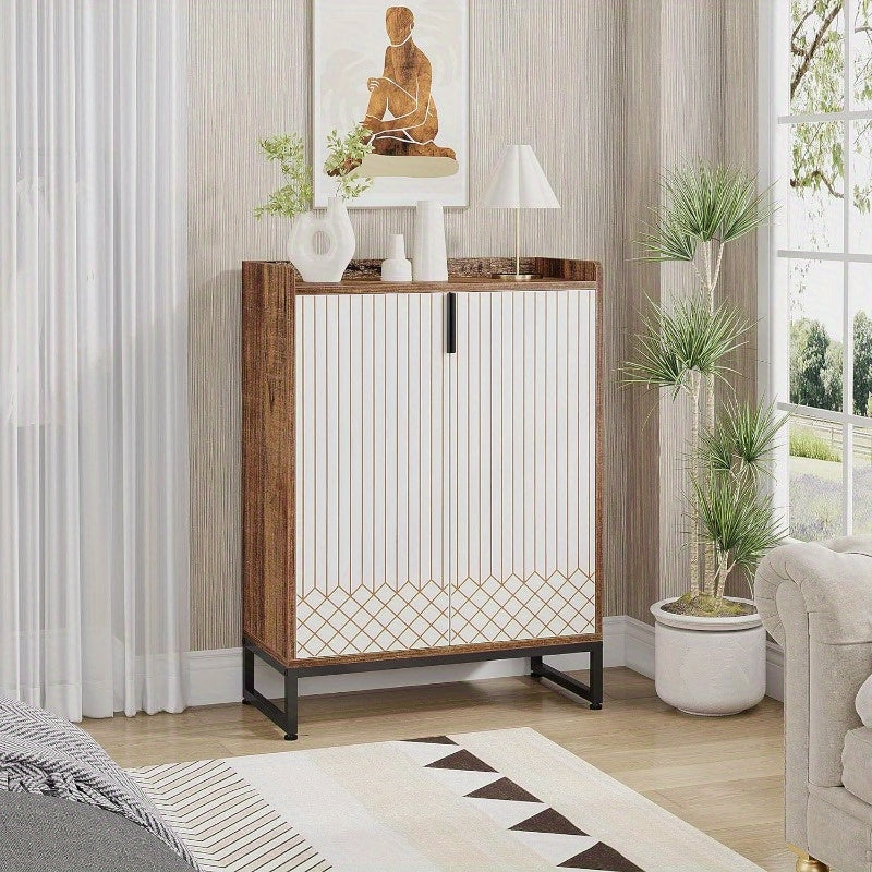 Schoenenkast – Schoenenrek – Schoenopberger – Schoenenkastje – Schoenmeubel – 5 Schappen – Zwart Metalen Frame – Wit Donkerbruin Hout – Ruim Opbergvak – Vrijstaand