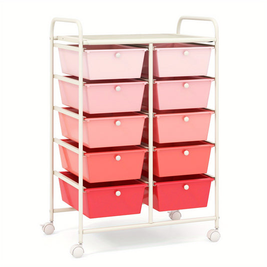 Versatile 10-Drawer Rolling Storage Cart in Pink Gradient - Durable Metal Frame & Plastic, Smooth Glide Wheels with Locking Mechanism, Easy-Carry Handles - Ideal for Office, Living Room, Bathroom Organization - 66.04cm x 36.8