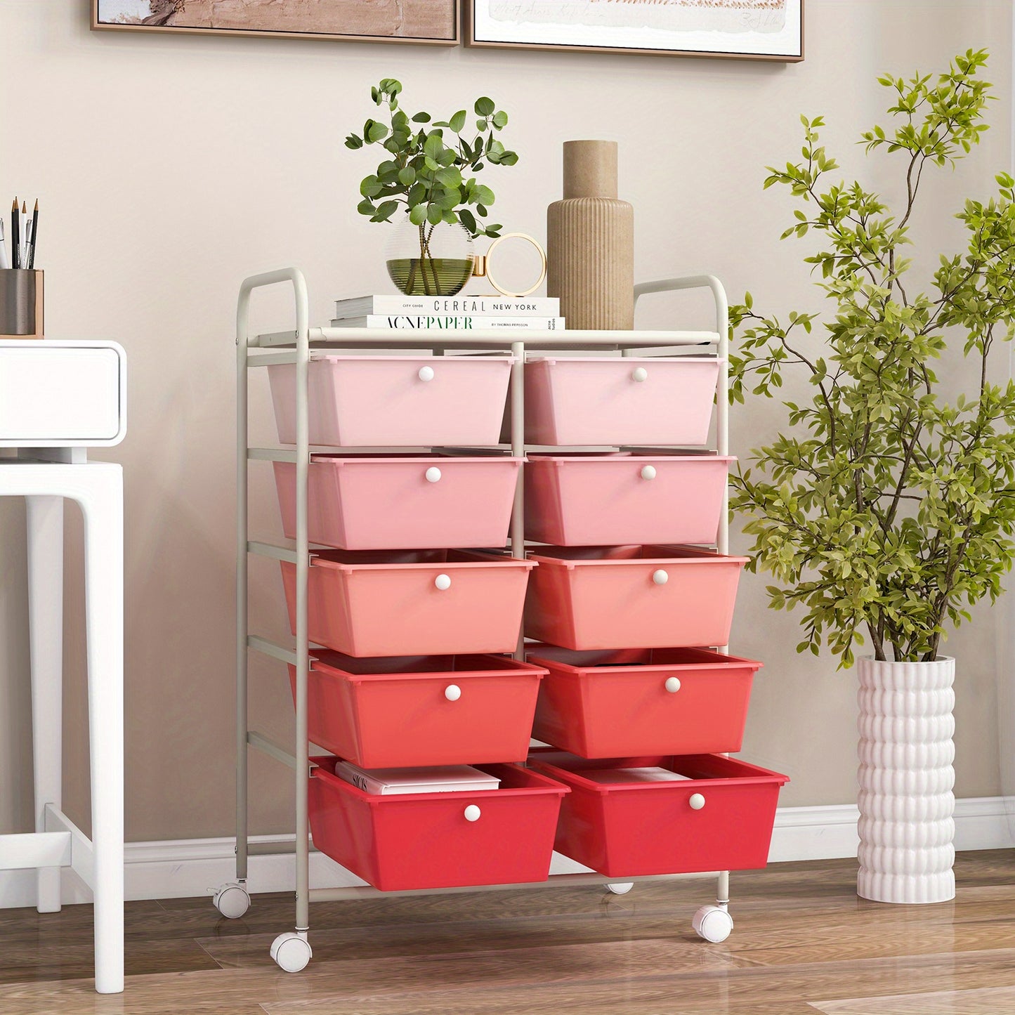Versatile 10-Drawer Rolling Storage Cart in Pink Gradient - Durable Metal Frame & Plastic, Smooth Glide Wheels with Locking Mechanism, Easy-Carry Handles - Ideal for Office, Living Room, Bathroom Organization - 66.04cm x 36.8