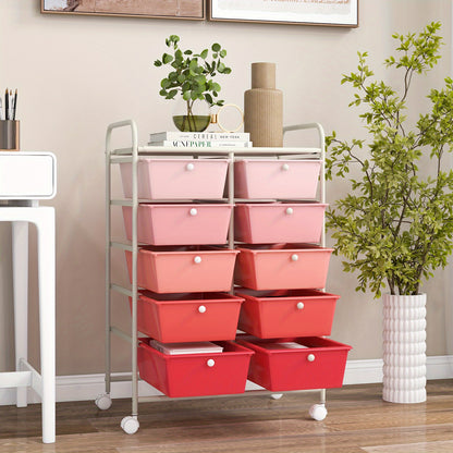 Versatile 10-Drawer Rolling Storage Cart in Pink Gradient - Durable Metal Frame & Plastic, Smooth Glide Wheels with Locking Mechanism, Easy-Carry Handles - Ideal for Office, Living Room, Bathroom Organization - 66.04cm x 36.8