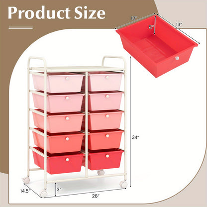 Versatile 10-Drawer Rolling Storage Cart in Pink Gradient - Durable Metal Frame & Plastic, Smooth Glide Wheels with Locking Mechanism, Easy-Carry Handles - Ideal for Office, Living Room, Bathroom Organization - 66.04cm x 36.8