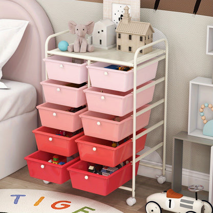 Opbergwagen – Opbergkast – Ladekast – Rollende Opbergunit – Organisatiewagen – Roze Gradient Kleur – 10 Laden – Duurzaam Metalen Frame – Zwenkwieltjes Met Rem – Handige Draaggrepen