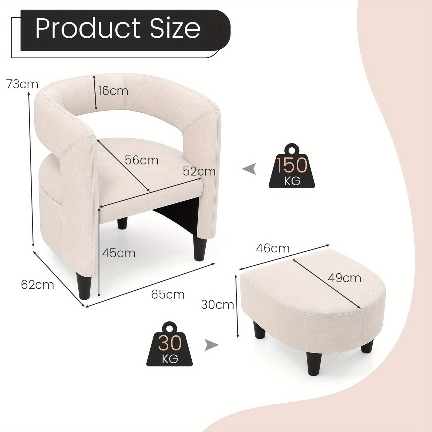 Fauteuil – Relaxzetel – Draaifauteuil – Lounge Stoel – Zetel – Beige Velvet – Met Voetenbank – Stevig Houten Frame – Ergonomisch Ontwerp