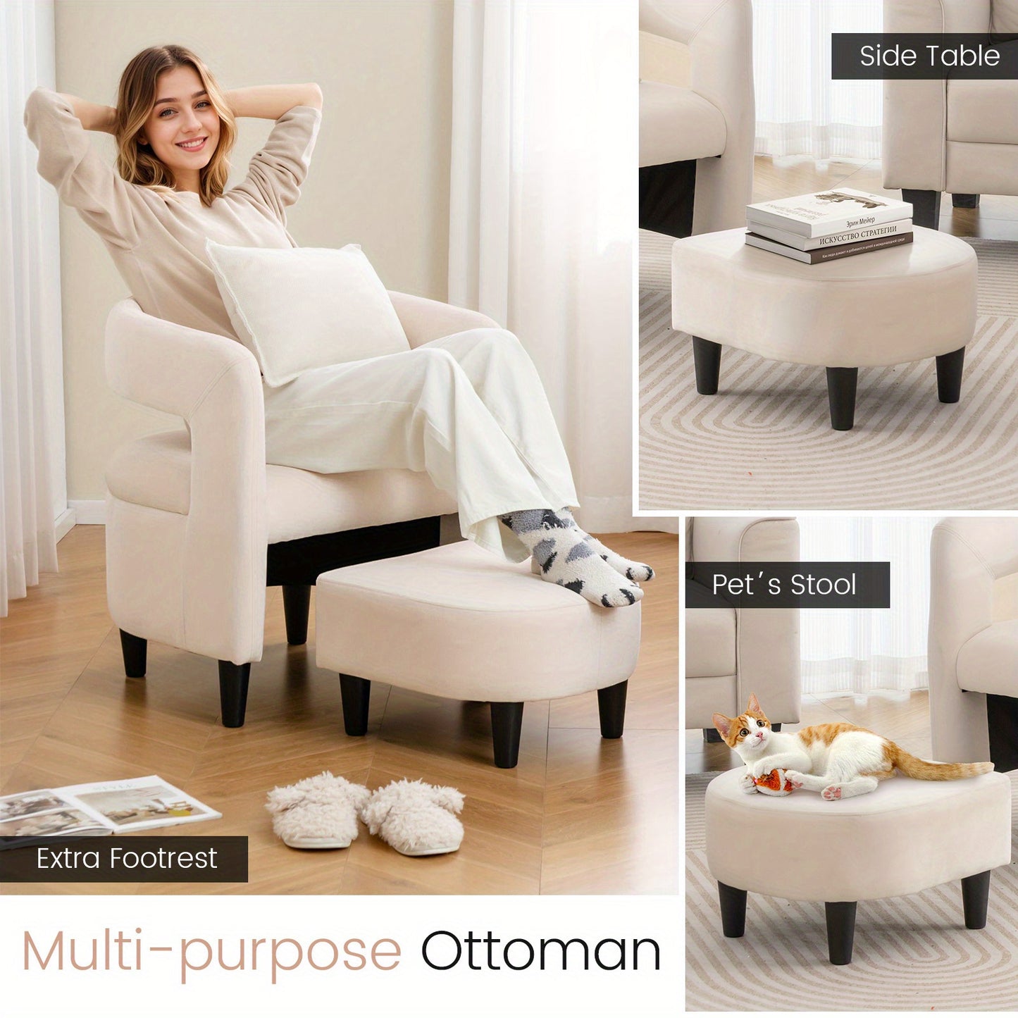 Fauteuil – Relaxzetel – Draaifauteuil – Lounge Stoel – Zetel – Beige Velvet – Met Voetenbank – Stevig Houten Frame – Ergonomisch Ontwerp