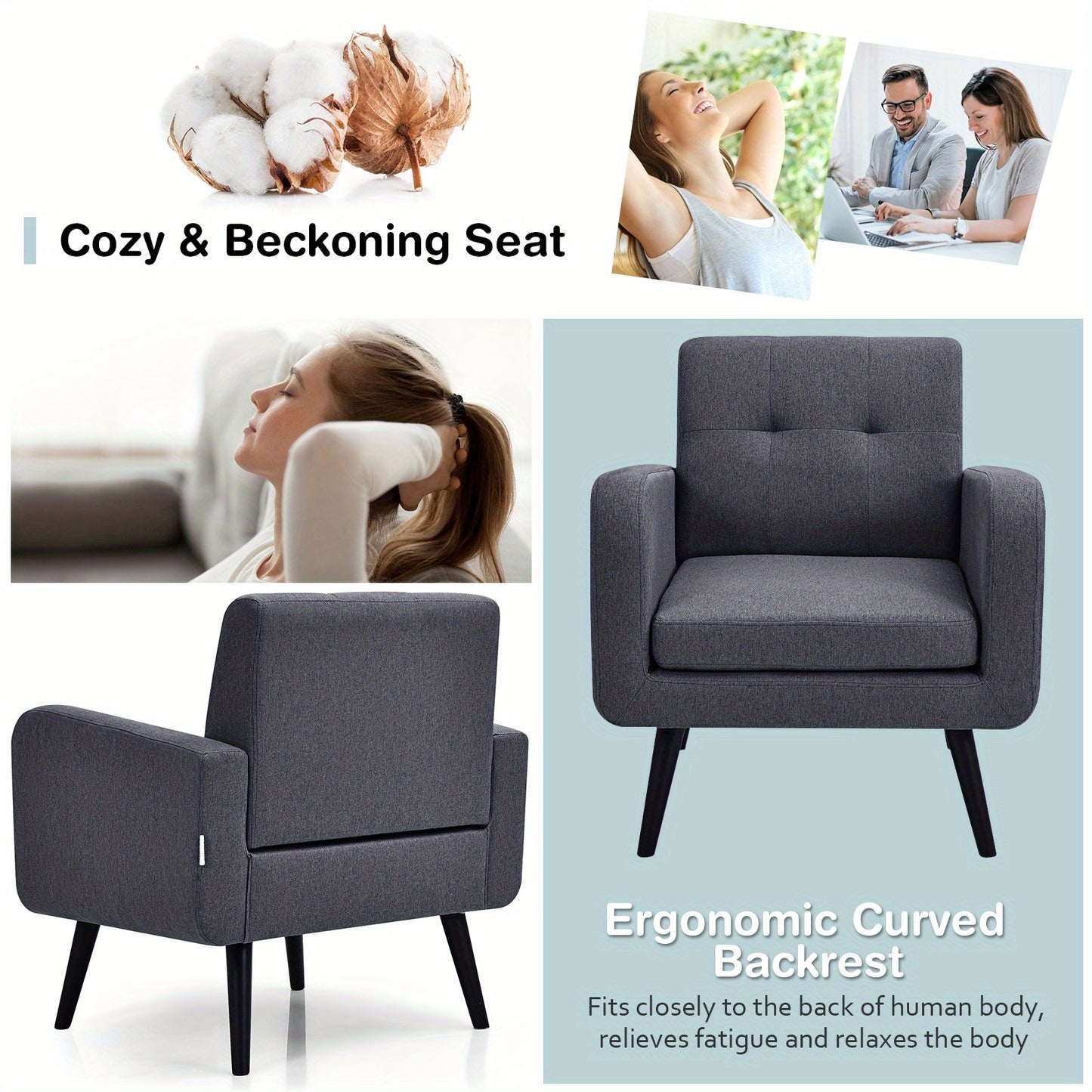 Fauteuil – Stoel – Accentstoel – Zetel – Loungefauteuil – Mid Century Modern – Rubberen Houten Poten – Ademend Linnen Bekleding – Comfortabel Design – Grijs